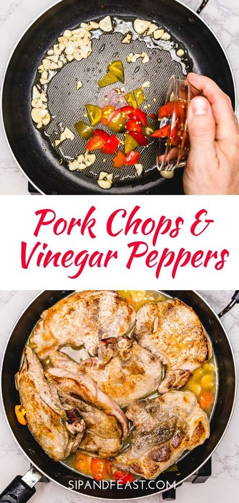 Vinegar Peppers Recipe, Pork Chops With Vinegar Peppers, Pickled Cherry Peppers, Vinegar Peppers, Cherry Pepper Recipes, Pork Scallopini, Italian Pork Chops, Sip And Feast, Cherry Peppers