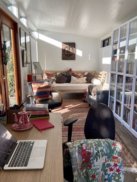 Home Writing Studio, Writing Shed Backyard Studio, Inside She Shed Ideas Office, Writing Studio Ideas, Outdoor Office Shed Interior, Backyard Office Interior, Backyard Library Shed, Renovated Shed, Writing Studio Workspaces