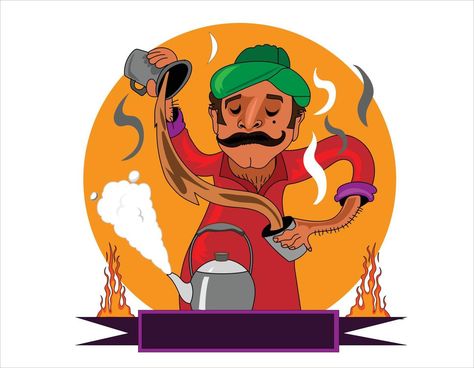 chai wala cartoon character Indian, Pakistani street tea seller Chai Wala Logo, Chai Illustration Art, Chai Wala Illustrations, Chai Art Painting, Chaiwala Illustration, Chai Tapri Design, Tea Illustration Packaging, Chai Cartoon, Chai Illustration Indian