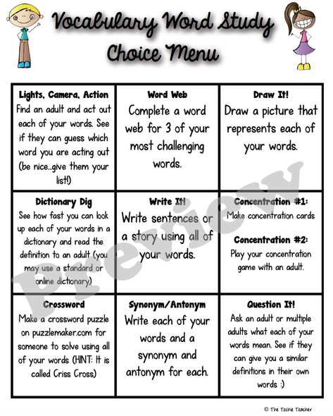 Vocabulary Choice Board, Word Web, Techie Teacher, Lesson Plan Template Free, Choice Board, Teaching Vocabulary, Student Choice, Choice Boards, Word Choice