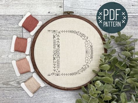 Buy Floral Embroidery Letter D Initial Monogram Embroidery PDF online on Etsy India. Shop for handmade, vintage and unique Patterns & Blueprints items from PitterPatternsDesign online on Etsy B Embroidery Letter, How To Embroider Letters, Weaving Embroidery, Macrame Weaving, Monogram Embroidery, Floral Alphabet, Embroidery Alphabet, Diy Embroidery Patterns, Embroidery Letters