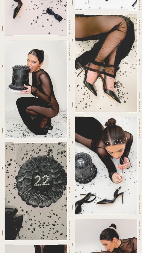 Birthday Shoot Black And White, Night Luxe Birthday, Birthday Photoshoot With Black Dress, Black Backdrop Photoshoot Ideas Birthday, 25th Birthday Photoshoot Outfit Ideas, Classy Bday Shoot, Minimalistic Birthday Photoshoot, Black Birthday Ideas For Women, Black Birthday Cake Photoshoot