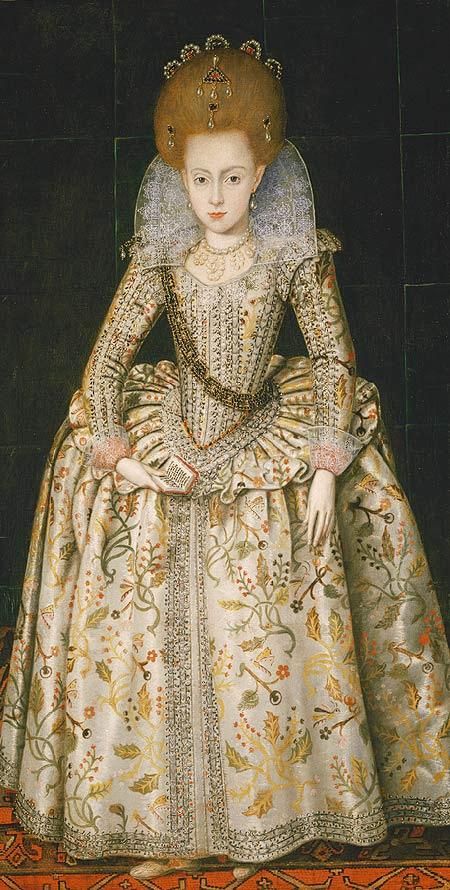 Wheel, drum or French Farthingale: the uppermost hoop that connected a skirt to the bodice at the waistband. This created an exaggerated skirt shape. Printed Paintings, Anne Of Denmark, Elizabethan Fashion, Princesa Elizabeth, 17th Century Fashion, Elizabethan Era, 19 August, Tudor History, Mary Queen Of Scots