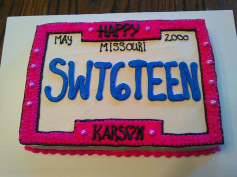 Sweet 16 license plate Birthday Cake 16th Birthday Cake For Girls, Birthday Cake Gift, Sweet Sixteen Cakes, Sweet Sixteen Birthday Party Ideas, Sweet 16 Themes, Sweet 16 Birthday Cake, Sweet 16 Cakes, 16 Cake, 16 Birthday Cake