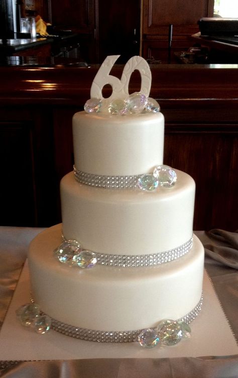 60th Wedding anniversary cake with a little bling. 60th Wedding Anniversary Decorations, Diamond Wedding Anniversary Cake, Diamond Anniversary Cake, 60 Wedding Anniversary Cake, Diamond Wedding Cakes, 60th Wedding Anniversary Party, 60th Anniversary Parties, Anniversary Cake Designs, 60th Wedding Anniversary