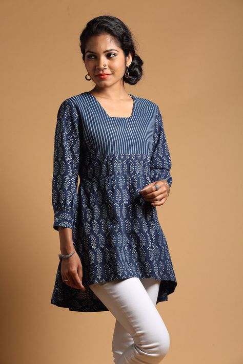 Indigo Pintucked Tunic Indigo Short Kurti Designs, Batik Kurti, Short Dress Design, Cotton Tops For Jeans, Short Kurti Designs, Blue Short Dress, Cotton Short Tops, Indigo Top, Stylish Tunic Tops