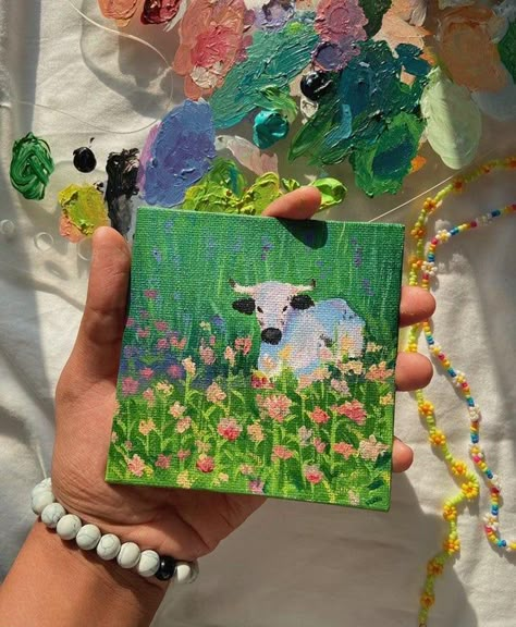 Mini Cow Painting, Cow Painting Simple, Cow Paintings On Canvas Acrylics, Easy Cow Painting Simple, Cow Painting Easy, Cute Cow Painting, Mini Canvas Ideas, Tiny Canvas Painting Ideas, Cow Acrylic Painting