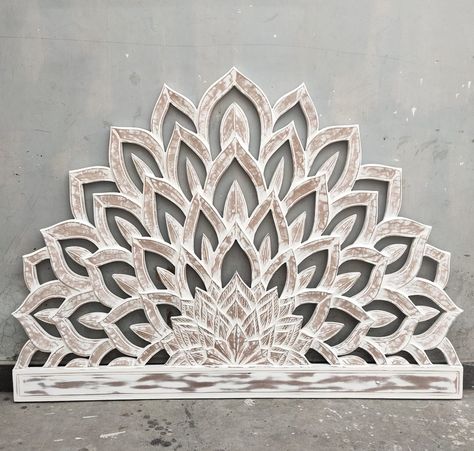 Handmade Carved Lotus Half Moon White Wash Headboard Tropical Home Décor Accent White Wash Headboard, Handmade Bedroom Furniture, Bohemian Headboard, Custom Bed Frame, King Size Bed Headboard, Geometric Headboard, Boho Headboard, Carved Headboard, Beautiful Headboards