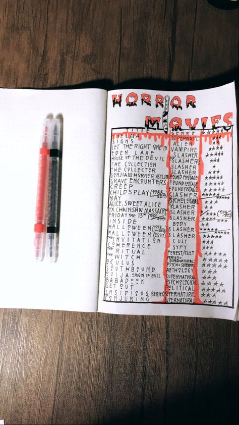 Bullet journal inspo Movie Tracker Bullet Journal, Movie Bullet Journal, Horror Films List, Horror Journal, Journal List, Journal Covers Diy, Series Journal, Horror Movies List, Movie Tracker