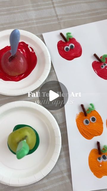 Lacee Hill | Twin Mama on Instagram: "The cutest apples and pumpkins! 🍎 🎃   My kids loved this apple stamping project, and I bet yours will too!  All you need are Some apples  Forks or popsicle sticks to make the apple easier to hold Washable tempers paint  Googly eyes  Glue  Green & brown pipe cleaners White card stock   #toddlercrafts #craftymom #fallart #fallcrafts #fall2024 #falltime #fallfun #momsofinstagram #toddleractivities #homeschoolactivities" Apple Of Gods Eye Craft, Apple Painting For Kids, Apple Craft For Toddlers, Apple Art For Toddlers, Apple Stamping Craft, Toddler Apple Crafts, Halloween Classroom Crafts, Apple Stamping, Apples And Pumpkins