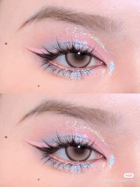 Big Eyelid Makeup, Pink And Blue Makeup Looks Simple, Pink Blue Eyeshadow Looks, Pink And Blue Makeup Ideas, Colourful Douyin Makeup, Blue And Pink Eyeshadow Looks, Pink And Blue Makeup Looks, Kawaii Eyeshadow, Pink And Blue Eye Makeup