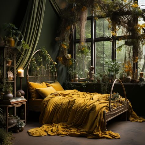 Yellow Themed Room Aesthetic, Emerald Green And Yellow Bedroom, Aesthetic Bedroom Yellow, Black And Green Room Aesthetic, Green And Yellow Room, Bedroom Decor Yellow, Forest Green Bedrooms, Fairycore Bedroom, Black Bedroom Aesthetic