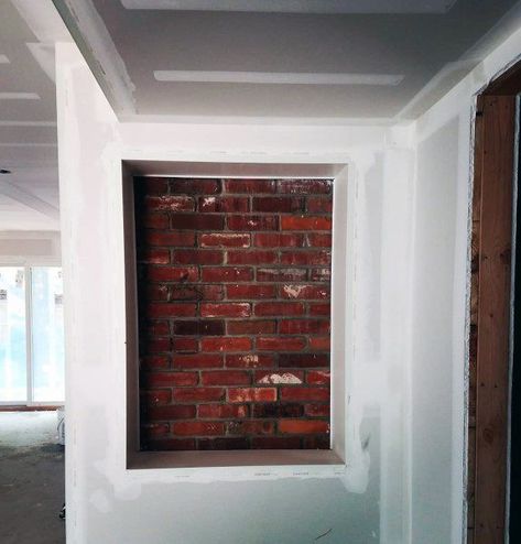 Interior Designs Recessed Wall Niche With Brick Wall Finish Brick Niche Wall, Hallway Niche Ideas Entryway, Large Art Niche Decorating Ideas, Recessed Wall Niche Ideas Entryway, Wall Niche Ideas Entryway, Hallway Niche Ideas, Large Wall Niche, Niche Living Room, Entryway Niche