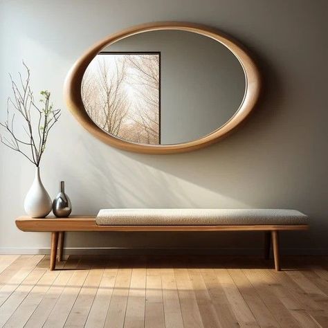 Entrance Hall Bench Ideas, Foyer Bench And Mirror, Shapes Mirror, Moroccan Entryway, Japan House Design, World Map Wall Decor, Temple Design For Home, Home Hall Design, Console Table Decorating