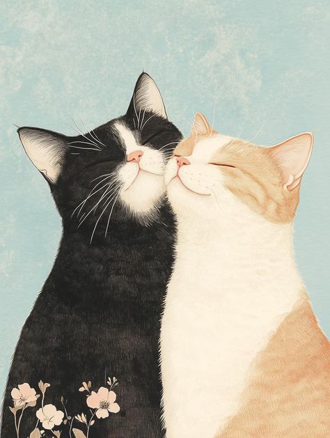 This charming artwork captures the endearing connection between two cats, beautifully illustrated in a style reminiscent of contemporary animal portraiture. The intricate details of their fur and expressions lend a lifelike quality, evoking a sense of warmth and affection. Set against a soft blue background, the piece features delicate floral elements that enhance its visual appeal, making it an ideal addition to any wall art collection. The artwork is perfect for cat lovers and adds a touch of whimsy to home decor. Each canvas print and digital download is crafted with care, ensuring vibrant colors and exceptional quality that will brighten any space. Whether you choose to place it in a cozy living room or a playful nursery, this art piece is sure to spark joy and conversation among guest 2 Cats Kissing, Tuxedo Cat Illustration, Two Cats Painting, Cats Sitting Together, Cats Art Illustration, Whimsical Cat Art, Lovers Illustration, Black Cat Sitting, Couple Cat