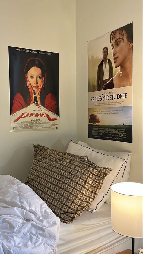 Movie Posters In Room Decor, Pride And Prejudice Film Poster, Room Decor Movie Poster, Dorm Room Movie Posters, Bedroom With Movie Posters, Bedroom Movie Posters Wall Ideas, Film Posters Room Decor, Movie Posters In Bedroom, Movie Poster Bedroom Decor