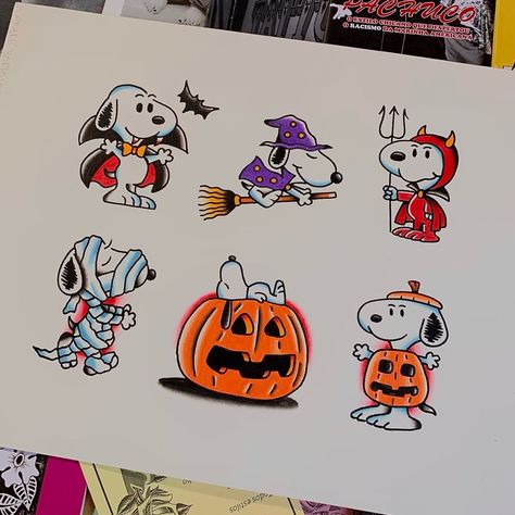 Snoopy Halloween Drawing, Snoopy American Traditional Tattoo, Halloween Snoopy Tattoo, Snoopy Halloween Tattoo, Snoopy Traditional Tattoo, Tattoo Profolio, Pochacco Tattoo, Charlie Brown Tattoo, Peanuts Tattoo