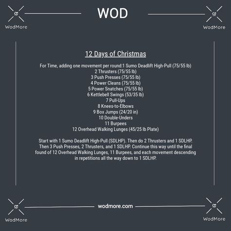 For Time, adding one movement per round: 12days Of Christmas Workout, 12 Days Of Christmas Wod Crossfit, 12 Days Of Christmas Workout, 3 Person Team Crossfit Wod, Teams Of 3 Crossfit Wods, Team Of 2 Wod Crossfit, Christmas Workout, Workout Of The Day, Background Story