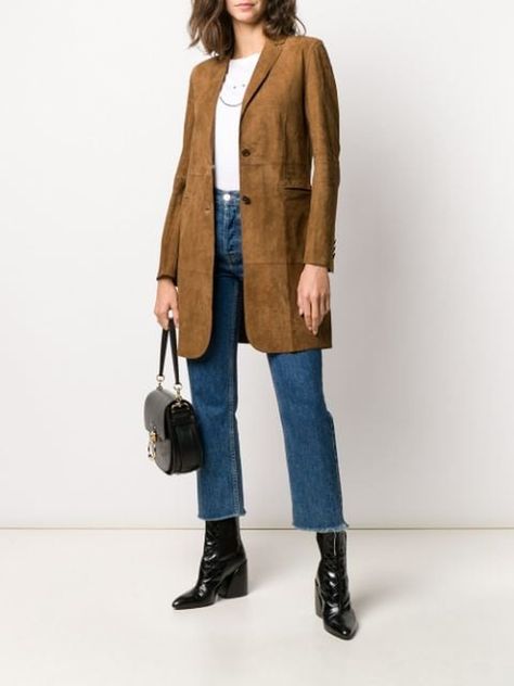 How to Wear Suede for Spring | POPSUGAR Fashion Suede Coat Women, Suede Jacket Outfit, Heels Boots Outfit, Tan Suede Jacket, Suede Outfit, Knee Length Coat, Suede Blazer, Fresh Outfits, Popsugar Fashion