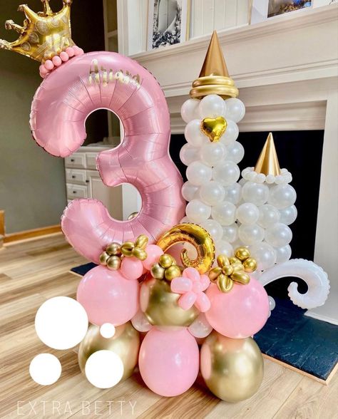 Baby Princess Disney Birthday Party, Ballon Princess Decoration, Princess Two Year Old Party, Disney Princess Birthday Balloons, 3rd Birthday Party Princess, Third Princess Birthday Party, Princess Party Three Year Old, Dollar Tree Princess Party Ideas, 3rd Birthday Party Princess Theme