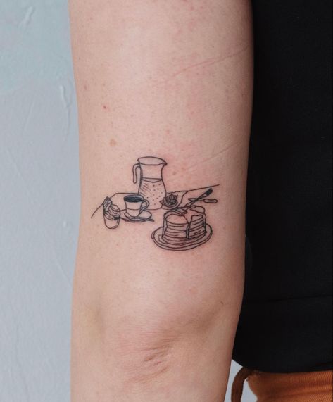 Table Tattoo Design, Diner Tattoo, Brunch Tattoo, Cinnamon Roll Tattoo, Latte Tattoo, Baking Tattoo Ideas, Dinner Tattoo, Waffle Tattoo, Pancake Tattoo