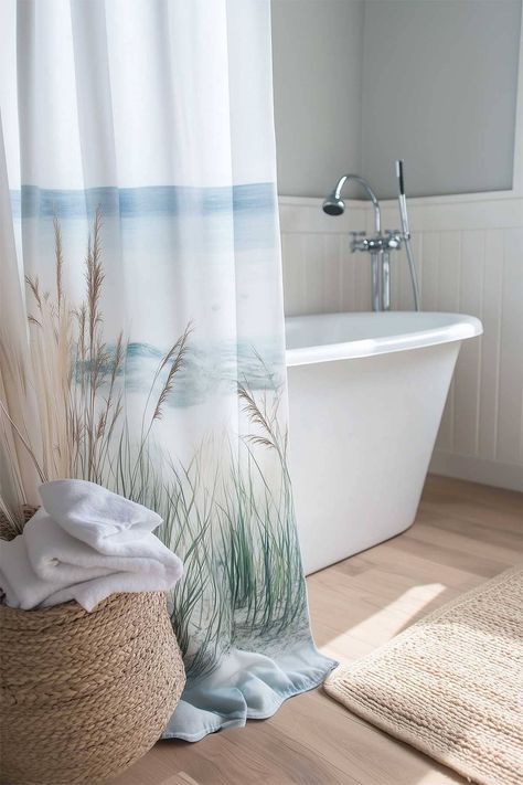 sea inspired shower curtains coastal Coastal Guest Bathroom, Coastal Bathroom Ideas, Modern Coastal Bathroom, Modern Coastal Interior Design, Beach Shower Curtain, Coastal Bathroom Design, Theme Bathroom, Beach Shower Curtains, Coastal Wallpaper