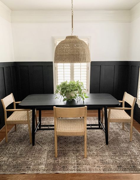 Light Grey Painted Walls, White Night Table, Wood Night Table, Room And Board, Board And Batten Wall, Black Dining Room, Rooms Reveal, Dining Table Black, Board And Batten