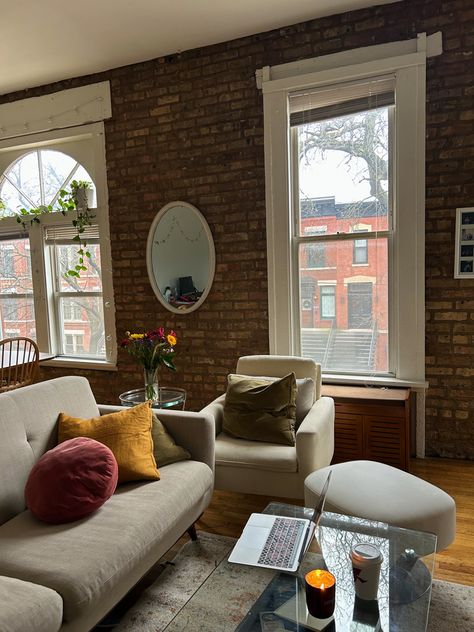 Exposed brick apartment #Chicago #mcm #boldcolors #charmingdesign Exposed Brick Nyc Apartment, Nyc Brick Apartment Aesthetic, Nyc Apartment Brick Wall, North Carolina Apartment, Boston Apartment Interior, Brick Loft Apartment Decor, Chicago Aesthetic Apartment, Chicago Apartment Interior, Netherlands Apartments