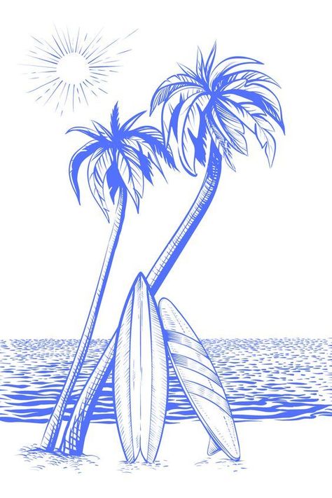 Surfing Sketch, Surfboard Sketch, Surf Sketch, Surfer Drawing, Ocean Wave Drawing, Surfboard Drawing, Summer Sketches, Surf Drawing, Palm Tree Drawing