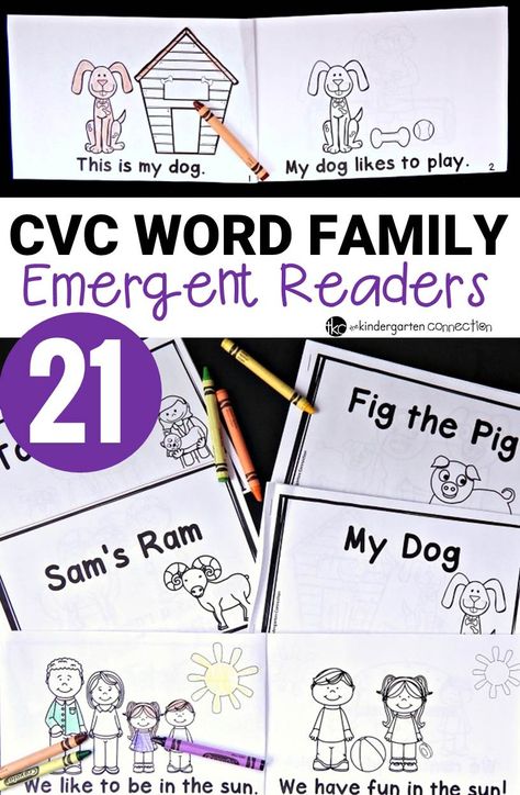 Build fluency and confidence with these 21 CVC word family emergent readers! Quick to print, staple, and read for Kindergarten guided reading books. Cvc Word Work, Kindergarten Word Families, Decodable Books, Decodable Readers, Literacy Centers Kindergarten, Cvc Word Families, Cvc Word, Phonics Kindergarten, Word Family