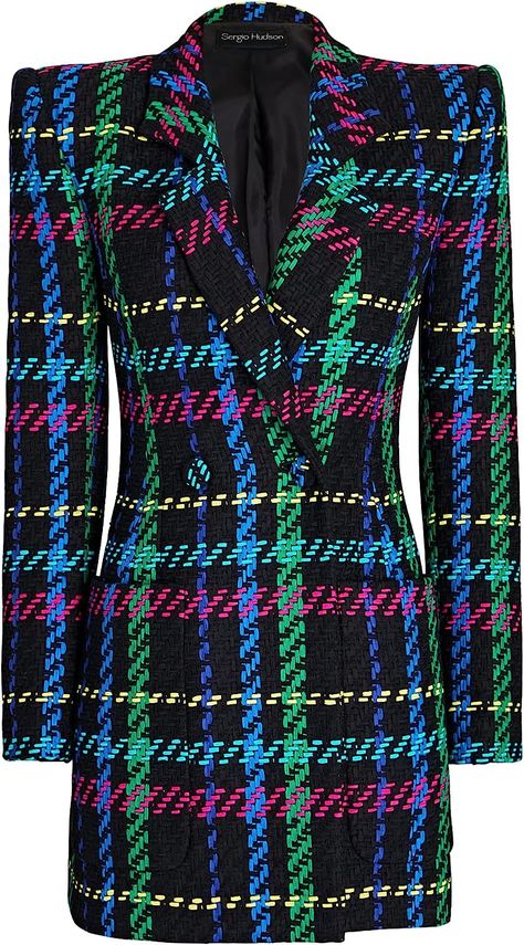 Double breast jacket dress of woven multicolor plaid. This dress is versatile enough to be worn over any existing garment but is also a strong stand alone piece. Sergio Hudson, Black Dress Jacket, Tailored Blazer, Double Breasted Jacket, Plaid Jacket, Versatile Dresses, Blazer Dress, Black Plaid, Designer Outfits Woman