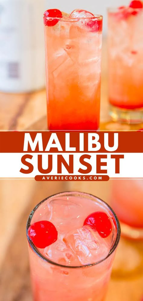 Malibu Sunset, summer cocktail recipes, alcoholic drinks Rum Drink Recipes, Sweet Alcoholic Drinks, Malibu Rum Drinks, Coconut Rum Drinks, Fruity Mixed Drinks, Rum Drinks Recipes, Malibu Drinks, Fruity Alcohol Drinks, Malibu Sunset