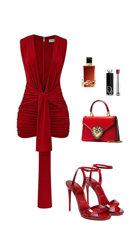 Dress For Night Party Classy, Classy 21st Birthday Outfit, Red Outfit Birthday, Red Heels Outfit Classy, Party Fits Baddie, Quince Guest Outfit Dresses, Fancy Date Night Outfit, Baddie Outfits Party, Red Dress Outfit Night