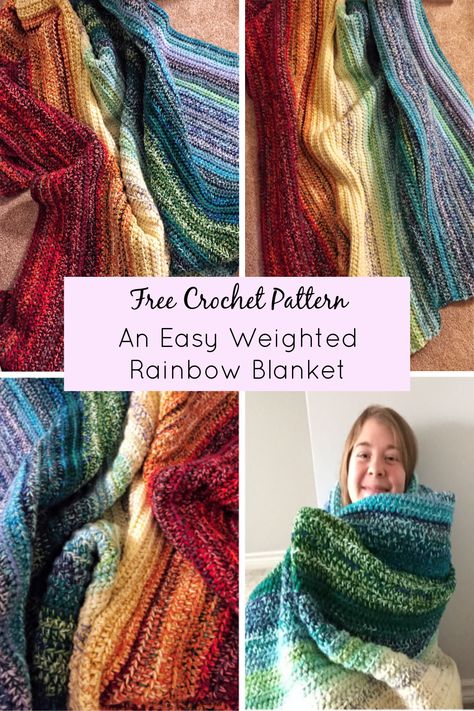 Learn to crochet an easy weighted rainbow blanket. The complete pattern, photo tutorial, and entire step-by-step process of making your own weighted blanket, can be found on my blog by clicking on the pin. This is a great stash-buster project to help you use up some of your yarn! Modern Haken, Modern Crochet Blanket, Crocheted Blankets, Pretty Crochet, Rainbow Blanket, Bath Oil, Stitch Work, Manta Crochet, Crochet Afghans