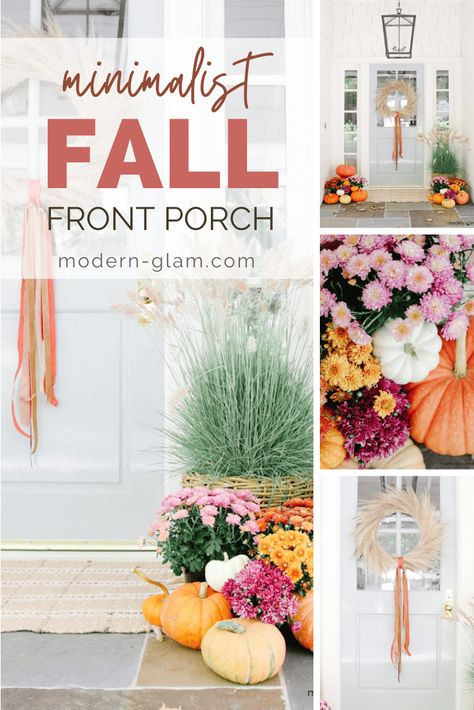 minimalist fall front porch Fall Porch Minimalist, Mum Decor Front Porches, Simple Fall Front Porch Ideas, Minimalist Fall Porch, Modern Fall Porch Decor, Simple Front Porch Decor, Simple Fall Front Porch, Fall Outside Decor, Simple Front Porch