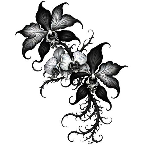 Gothic Style Flower Tattoos, Goth Floral Tattoo, Gothic Flowers Tattoo, Black Orchid Tattoo, Gothic Flower Tattoo, Black And White Orchid Tattoo, Flower Goth Tattoo, Branches Tattoo, Kasey Golden