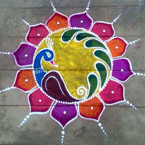 Colourful Rangoli Designs, Peacock Rangoli Designs, Colourful Rangoli, Rangoli Designs For Competition, Easy Rangoli Designs Videos, Very Easy Rangoli Designs, Peacock Rangoli, Rangoli Designs Simple Diwali, Rangoli Simple