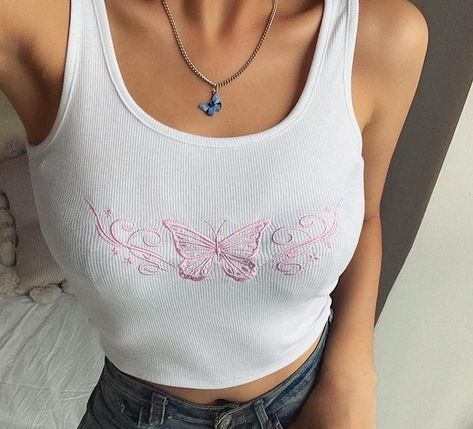 Butterfly Print Crop Top | Butterfly Print Vest | Sleeveless Top | Women Streetwear Tops | Summer Casual Vest | White Mini Vest Crop Tops Vintage Aesthetic Outfits, Vest Streetwear, Aesthetic Outfits Y2k, Embroidery Butterfly, Butterfly Tank Top, Vest Crop Top, Embroidered Crop Tops, Womens Sleeveless Tops, Crop Top Casual