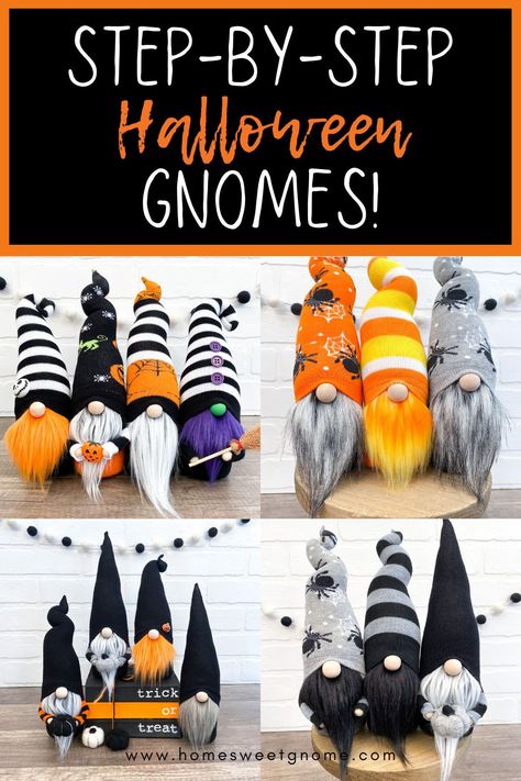 How To Make Gnomes Ideas, Witch Gnome Diy, Halloween Sock Gnomes, Diy Gnome Crafts, Gnome Pumpkin Decorating, Halloween Gnomes Diy How To Make, Halloween Nomes, Gnomes Diy How To Make, How To Make Gnomes