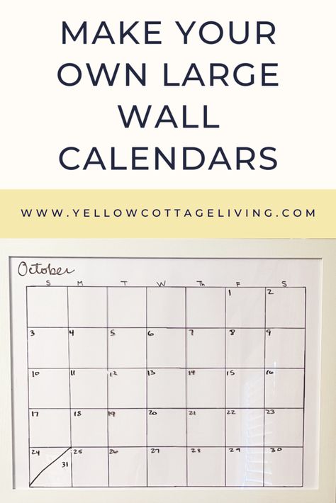 Jen at Yellow Cottage Living creates Large Wall Calendars from picture frames. A great tool for time management and content creation. Large family calendar with enough space for keeping track of everyone's activities. DIY Dry Erase wall calendars for families and business owners. DIY large wall calendar. Oversized wall calendar. Dry erase wall calendar. Diy Family Planner Wall, Large Family Calendar, Diy Dry Erase Calendar, Diy Wall Calendar, Family Calendar Wall, Diy Calendar Wall, Family Planner Wall, Big Calendar, Dry Erase Wall Calendar