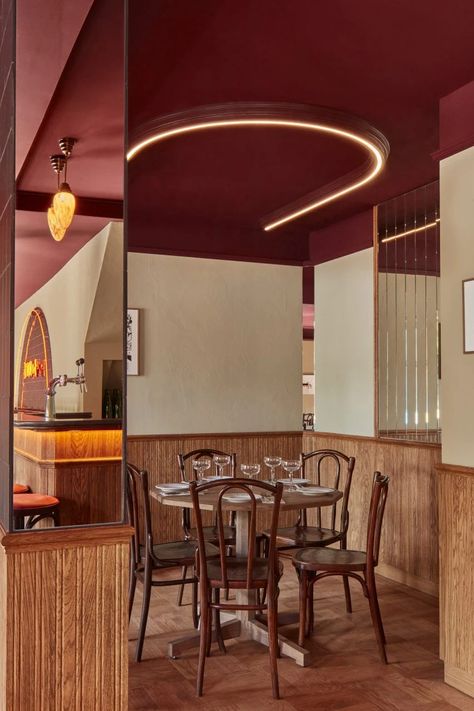 Studio Modijefsky overhauls 119-year-old restaurant Bonnie in Amsterdam Bistro Interior, Restaurant Facade, Amsterdam Restaurant, Wooden Panelling, Yellow Tile, Classic Tile, Timber Panelling, Arched Windows, Hospitality Design