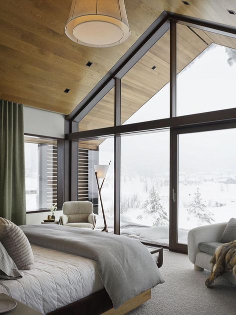 Serene mountain getaway nestled at the base of majestic Teton Range #bedroom #window #view Casa Wabi, Unique Floor Plans, Hus Inspiration, Modern Cabin, Bedroom Suite, Barn House, Modernism, Large Windows, Rhodes