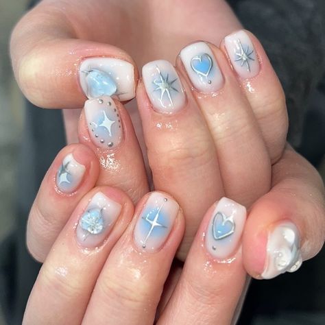 Nail stylish Milky White Nails, Natural Nails Manicure, Blue Gel Nails, Natural Nail Art, Natural Nail Designs, Light Blue Nails, Milky Nails, Hello Nails, Short Square Nails