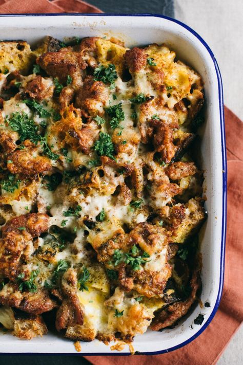 This Sourdough Sausage Breakfast Strata is the perfect use for leftover bread! Grab the recipe today. Dinners With Sourdough Bread, Breakfast Ideas With Sourdough Bread, Sourdough Brunch Recipes, Breakfast With Sourdough Bread, Leftover Sourdough Bread Recipes, Sourdough Bread Breakfast Ideas, Breakfast Strata Recipes, Sourdough Bread Breakfast, Sourdough Breakfast Recipes