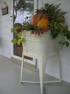 Vintage White Laundry Tub filled with foliage and pumpkins...great front porch fall display. Fall Porches, Autumn Display, Fall Is In The Air, Fall Stuff, Fall Deco, Fall Things, Front Door Porch, Autumn Decorating, Diy Outdoor Decor