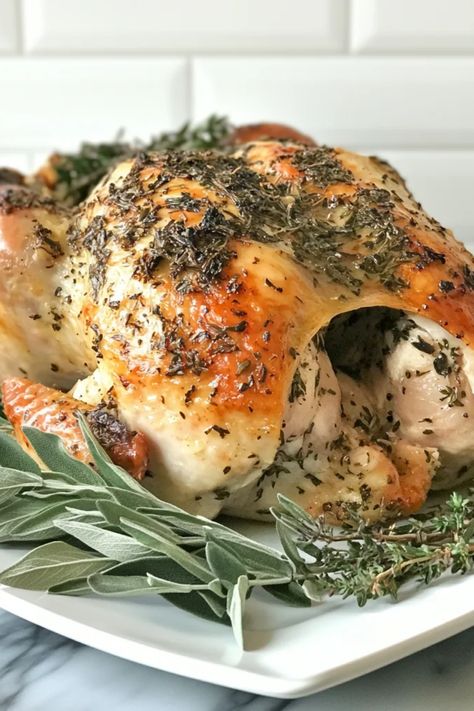 A beautifully roasted herb-butter turkey, showcasing its golden-brown skin and tantalizing aroma. Perfect for holiday feasts, this recipe highlights a succulent turkey that is the centerpiece of festive meals. Roasting A Turkey, Roasted Turkey Recipe, Basting A Turkey, Herb Turkey, Roast Turkey Recipes, Fresh Turkey, Turkey Broth, Tender Meat, Kitchen Herbs