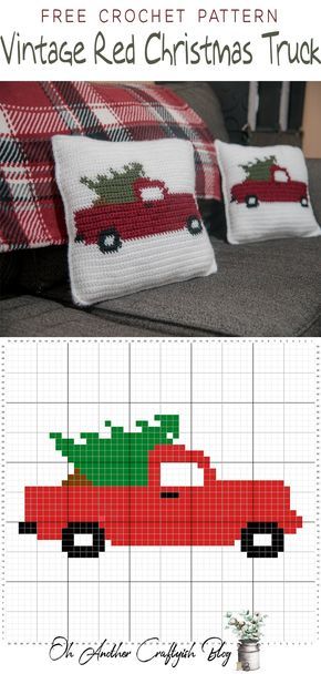 Free Crochet Pattern For The Vintage Red Christmas Truck Vintage Red Christmas, Red Christmas Truck, Crochet Christmas Stocking, Crochet Christmas Gifts, Crochet Christmas Decorations, Holiday Crochet, Christmas Crochet Patterns, Crochet Pillow, Christmas Truck