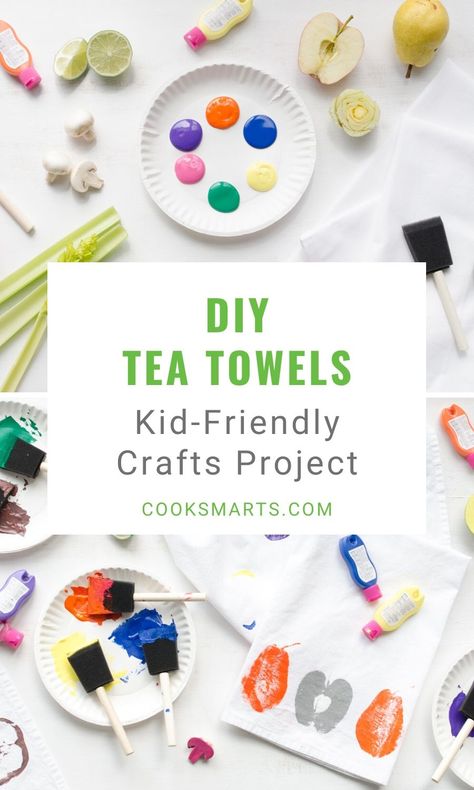 How to Make Fruit & Veggie Stamped Tea Towels | Need Christmas gift ideas? These adorable tea towels are a terrific kid-friendly crafts project, and they make wonderful DIY Christmas gifts for the kitchen. The home cooks on your list will love these! | Cook Smarts #cooksmarts #DIYchristmasgifts #DIYteatowels #kidfriendlycrafts #kitchengifts Stamped Towels Diy, Diy Painted Tea Towels, Painting On Tea Towels, Tea Towel Christmas Gift, Paint Tea Towels, Christmas Tea Towels Diy, Tea Towel Crafts, Tea Towel Crafts Projects, Tea Towel Diy