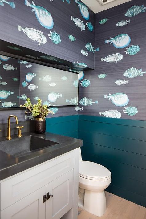 Peacock blue shiplap accents Abnormals Anonymous Mr. Chair Rail Bathroom, Modern Chair Rail, Shiplap Trim, Boathouse Design, Gray Shiplap, Tile Accent Wall, All White Room, Powder Room Wallpaper, Wicker Pendant Light