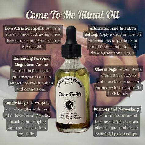 Draw love and attraction into your life with our Come to Me Ritual Oil. Crafted with powerful ingredients to enhance your charm and magnetism, this oil is perfect for love spells and rituals. 💖✨ #ComeToMe #RitualOil #LoveMagic Shop: GlamourWitchBoutique.com #GlamourWitchBoutique #WitchyThings #Witchy #Occult #Crystals #Spirituality #Spells #Paganism #WitchLife #Spiritual #WitchShop #Divination #Witchery #WitchAesthetic #MetaphysicalShop Love Oil Witchcraft, Wicca Oil Recipes, Attraction Oil Recipe Witchcraft, Attraction Oil Recipe, Oils For Witchcraft, Daily Spells, Spell Oil Recipe, Wicca Oils, Witchcraft Oils